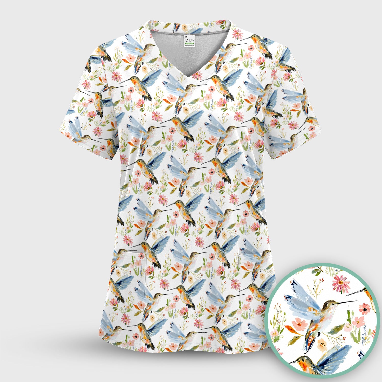 Watercolor Hummingbird Floral Pattern Scrub Set, Scrub Pants and V Neck Top