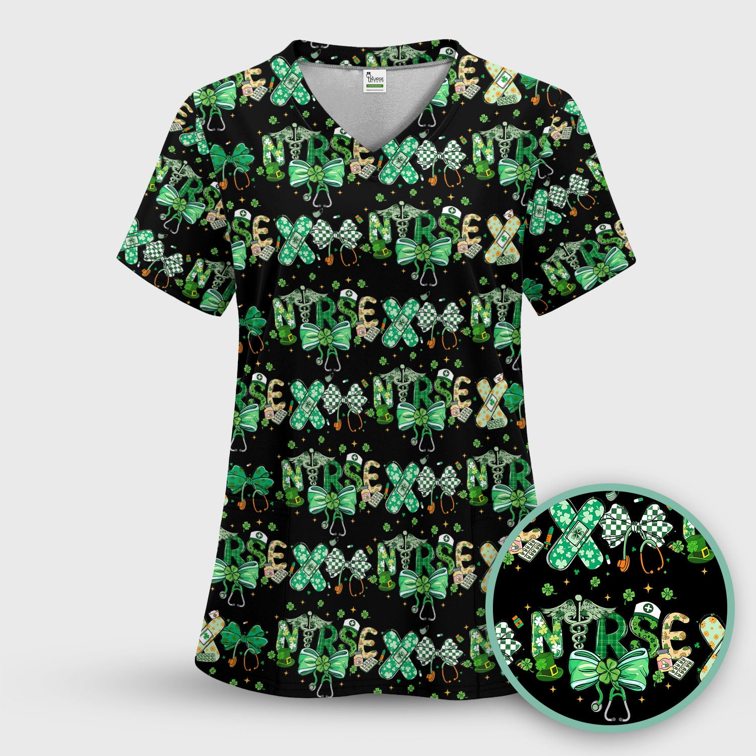 St. Patrick’s Nurse Scrub Top, Lucky Clover And Green Bow Pattern Nurse Shirt, Breathable Fabrics Nursing Uniform