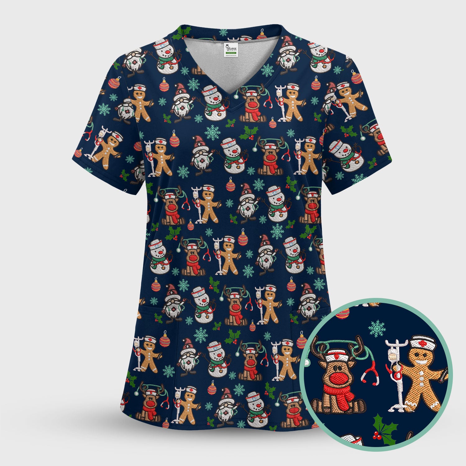Reindeer Christmas Women's Scrub Sets - Gingerbread Cookies and Santa Claus Medical Uniform - Comfortable Scrubs for Nurses