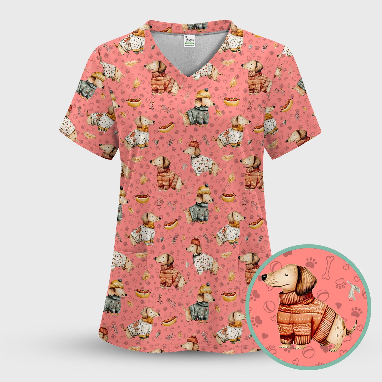 Fall Wiener Dog Nurse Scrub Top - Cozy Sausage Dog Autumn Medical Shirt for Women RN CNA LPN - Thanksgiving Gift