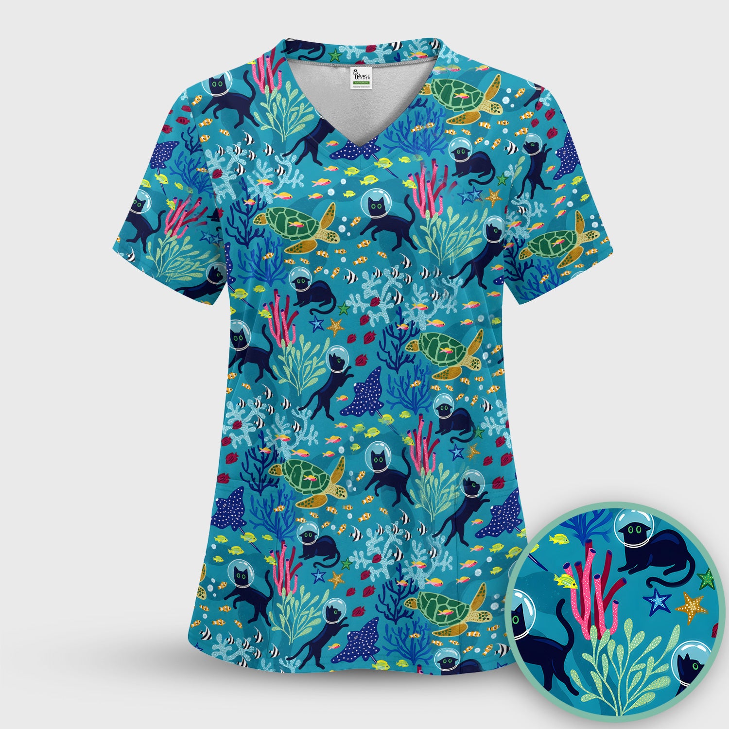 Underwater Cat Turtle Veterinary Pattern Scrub Set, Scrub Pants and V Neck Top