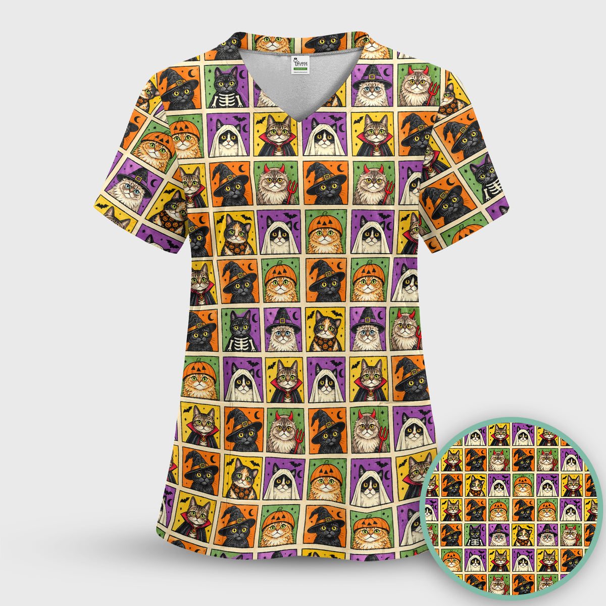 Halloween Cat Costume Patchwork Scrub Top, Comfortable Scrubs for Nurses