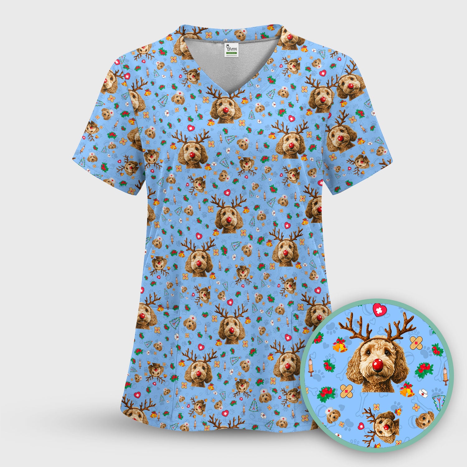 Labradoodle Reindeer Christmas Scrub Top - Funny Dog Nurse Shirt - Cute Holiday Medical Uniform for Women RN LPN CNA Gift