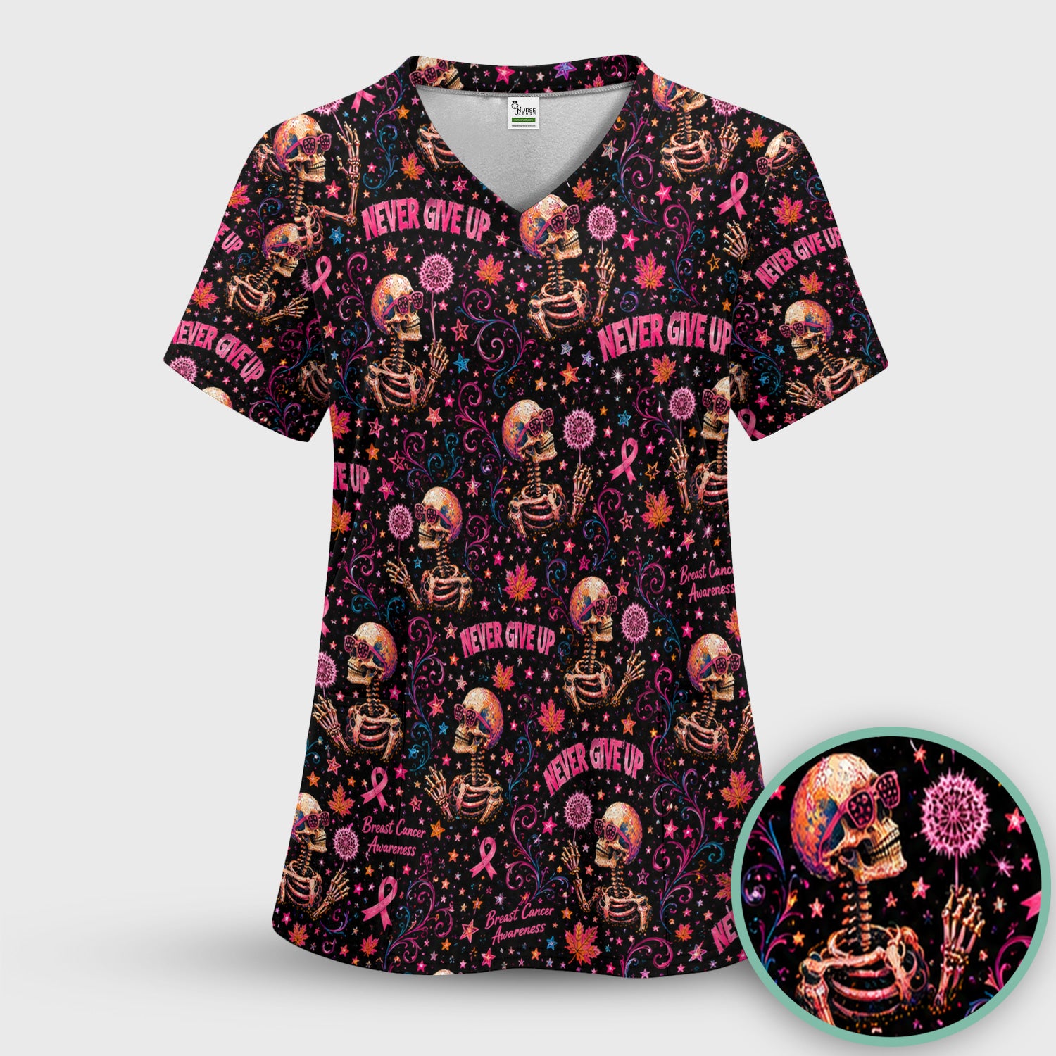Breast Cancer Awareness Skeletons Pattern Scrub Set, Scrub Pants and V Neck Top