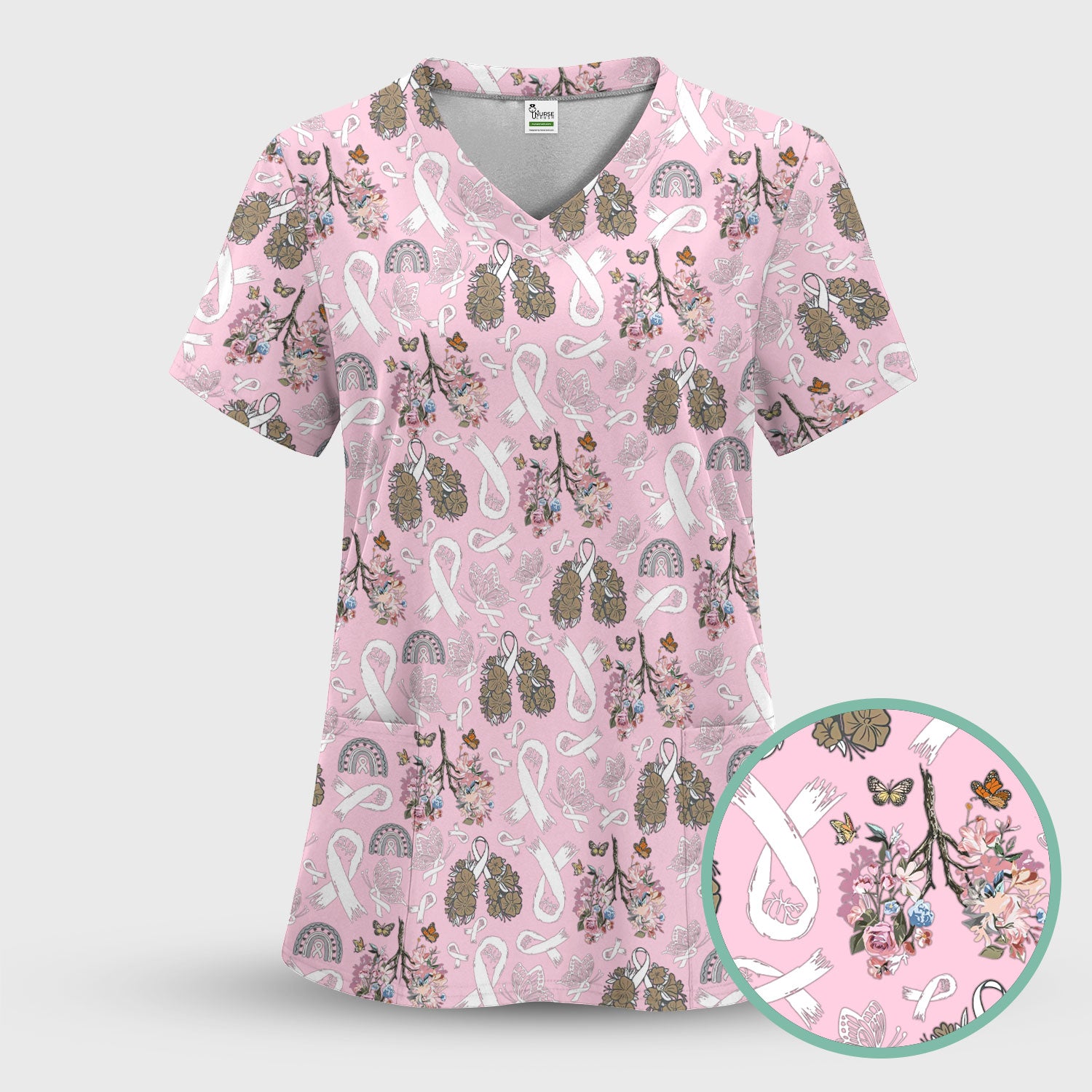 Lung Cancer Awareness Scrub Sets for Nurse - White Ribbon Butterfly Floral Scrub Pants and V Neck Top - Breathable Med Uniform for Women