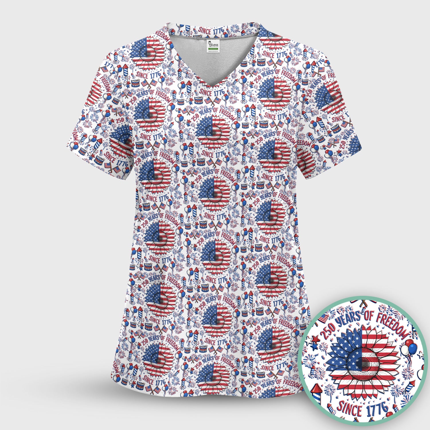 Festive Patriotic Sunflower American Flag Fireworks Pattern Scrub Set, Breathable Med Uniform