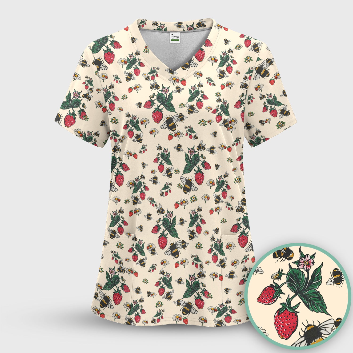 Cute Strawberry Bee Daisy Floral Pattern Scrub Set, Scrub Pants and V Neck Top