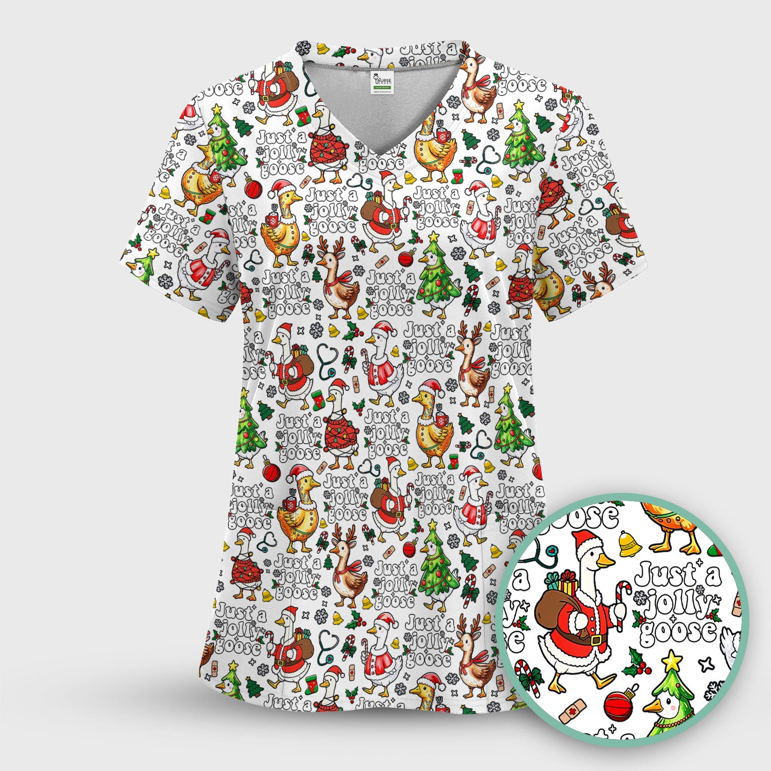 Just a Jolly Goose Funny Christmas Scrub Top - Holiday Medical Uniform for Nurse - Santa Goose Shirt Gift for Women