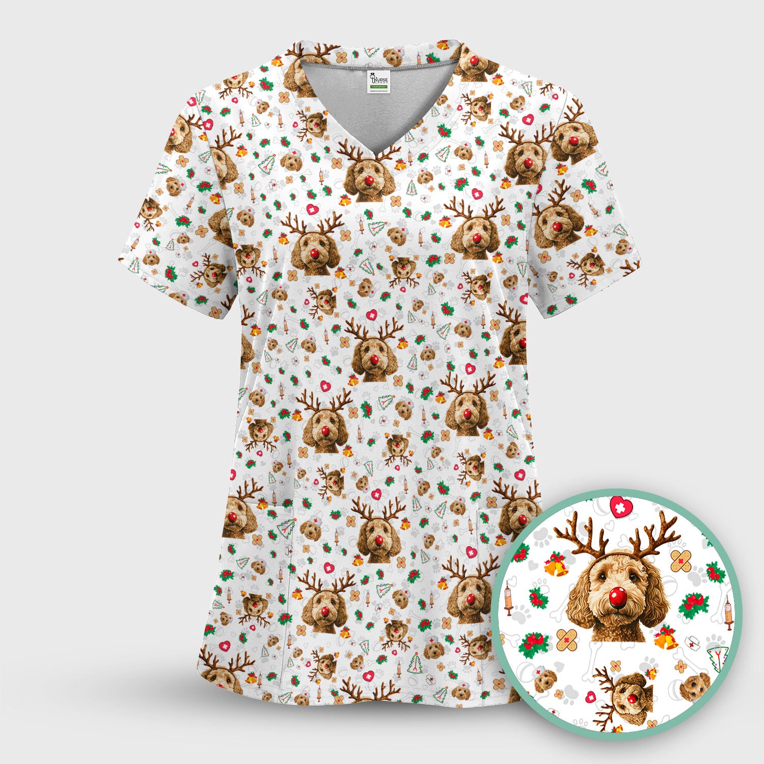 Christmas Labradoodle Scrub Top - Funny Reindeer Dog Nurse Shirt - Cute Holiday Medical Uniform for Women Healthcare Gift