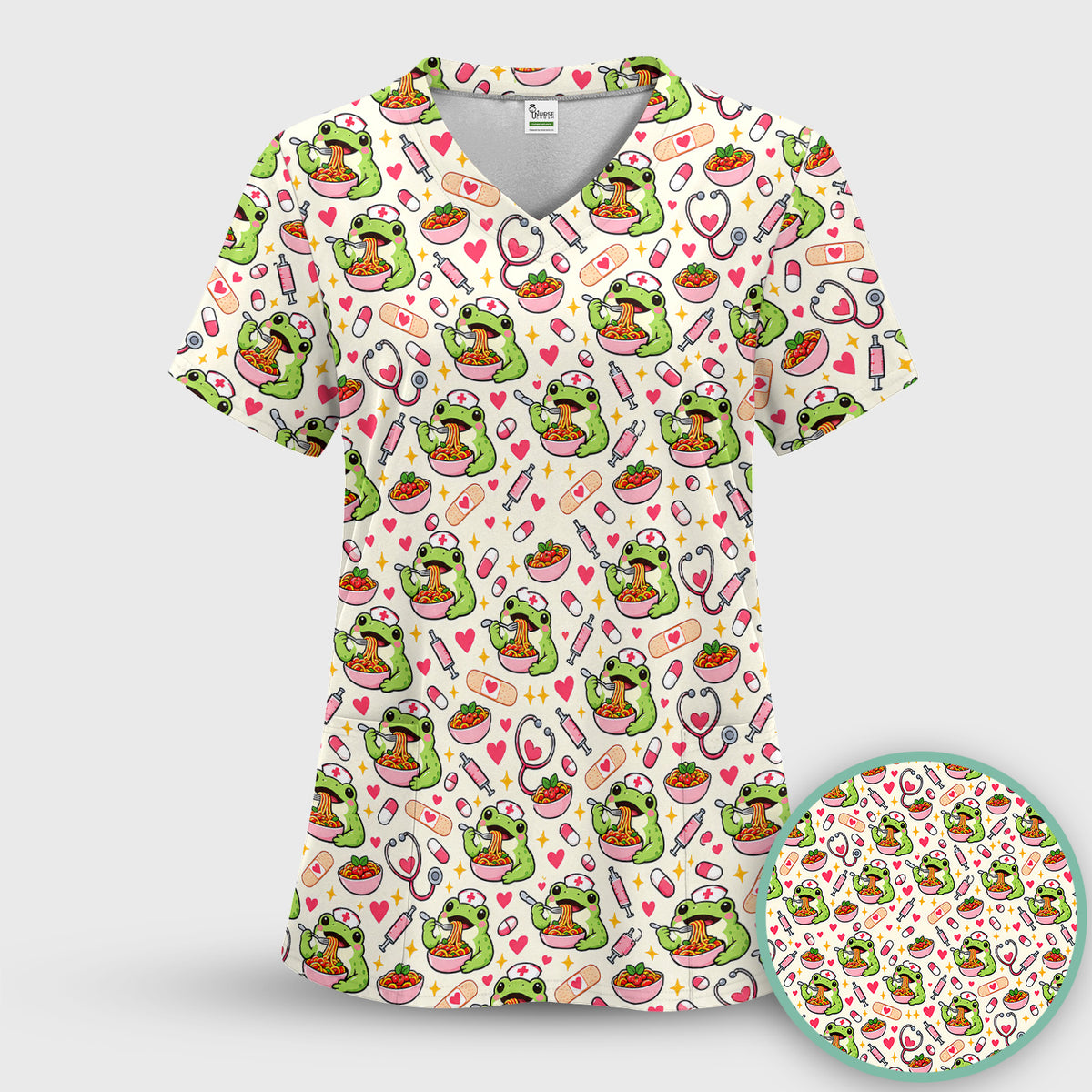 Cute Nurse Frogs Eating Noodles Pattern Scrub Set, Scrub Pants and V Neck Top