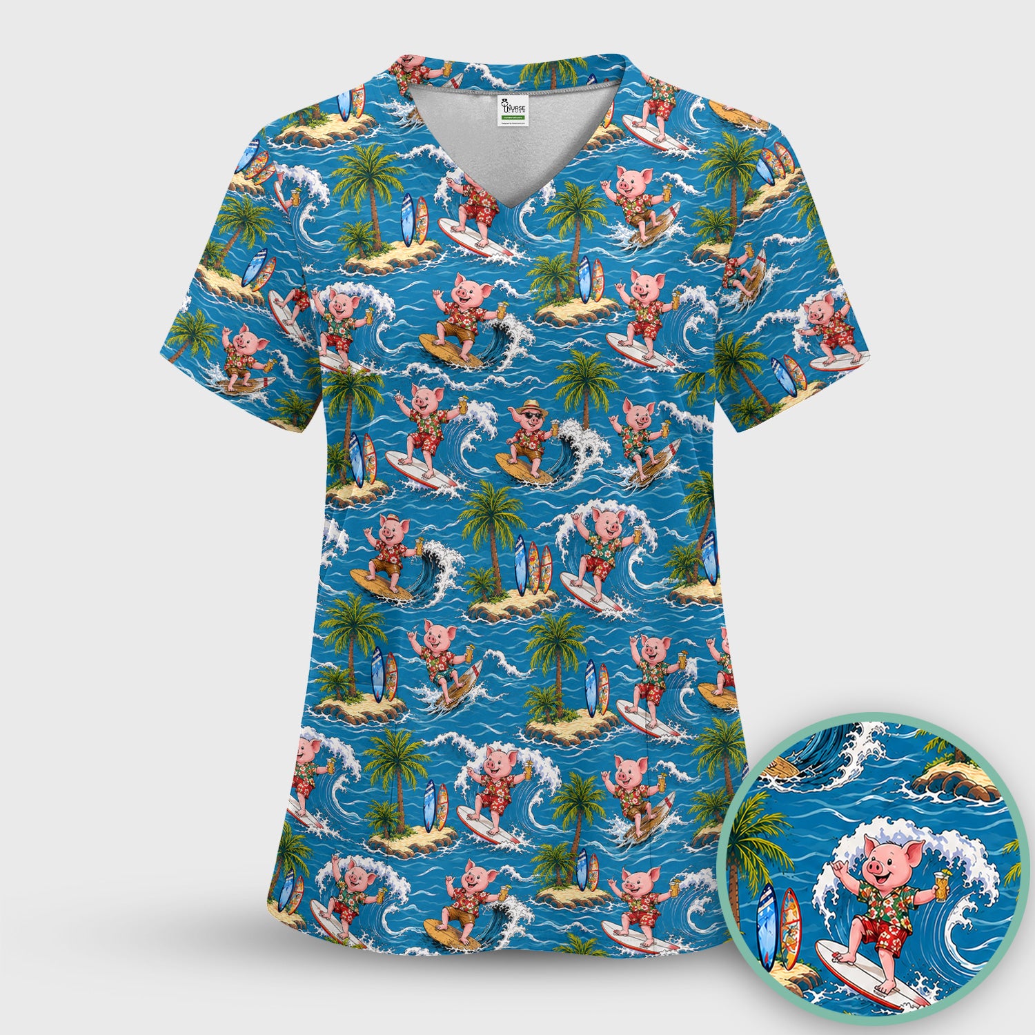 Tropical Surfing Pig Island Pattern Scrub Top, Comfortable Scrubs for Nurses