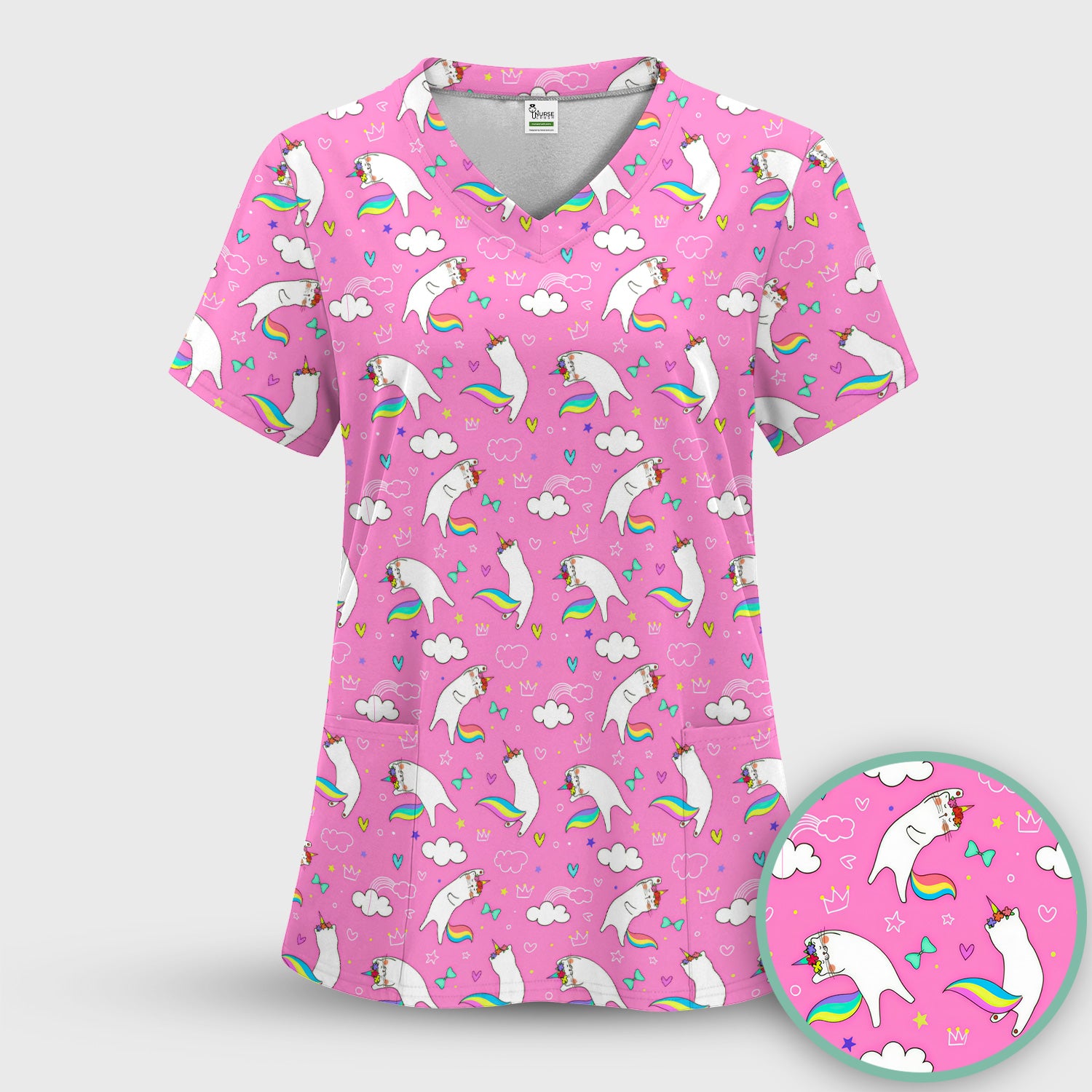 Unicorn Cat With Rainbow Tail Clouds Scrub Set, Scrub Pants and V Neck Top