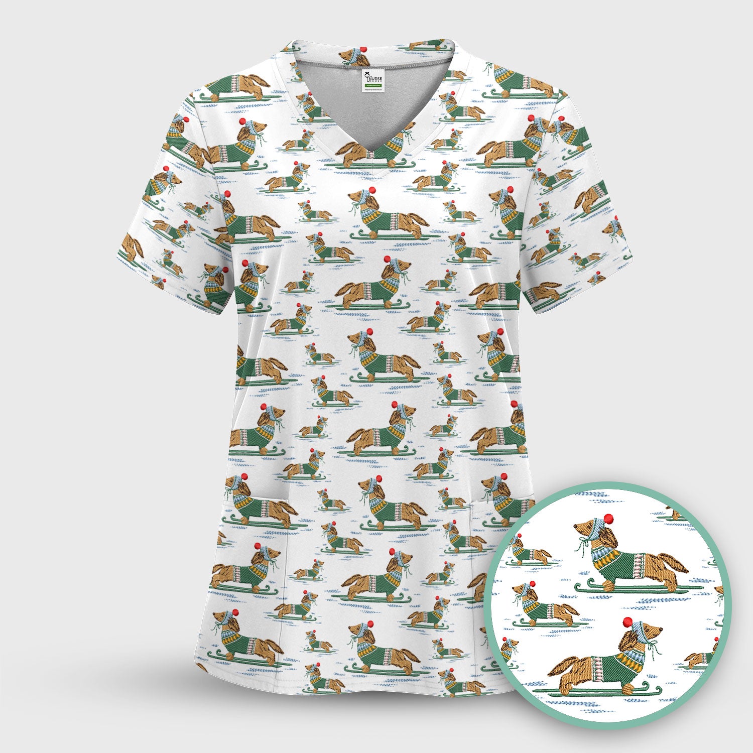 Dachshund Nurse Scrub Top, Wiener Dog Winter Pattern Shirt, Breathable Fabrics Nursing Uniform