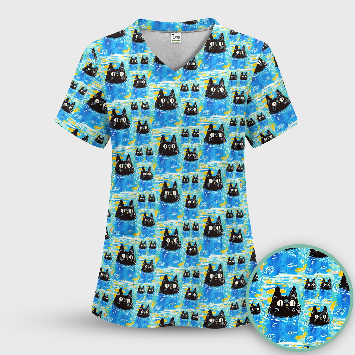 Black Cat Swimming In Blue Water Pattern Scrub Top, Comfortable Scrubs for Nurses
