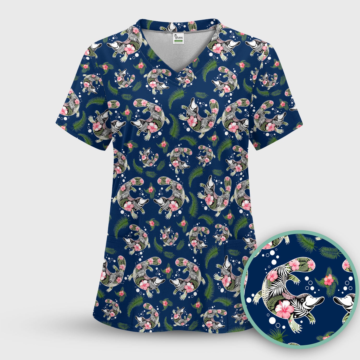 Cute Platypus Scrub Top, Tropical Floral Animal Pattern Nurse Shirt, Breathable Fabrics Nursing Uniform