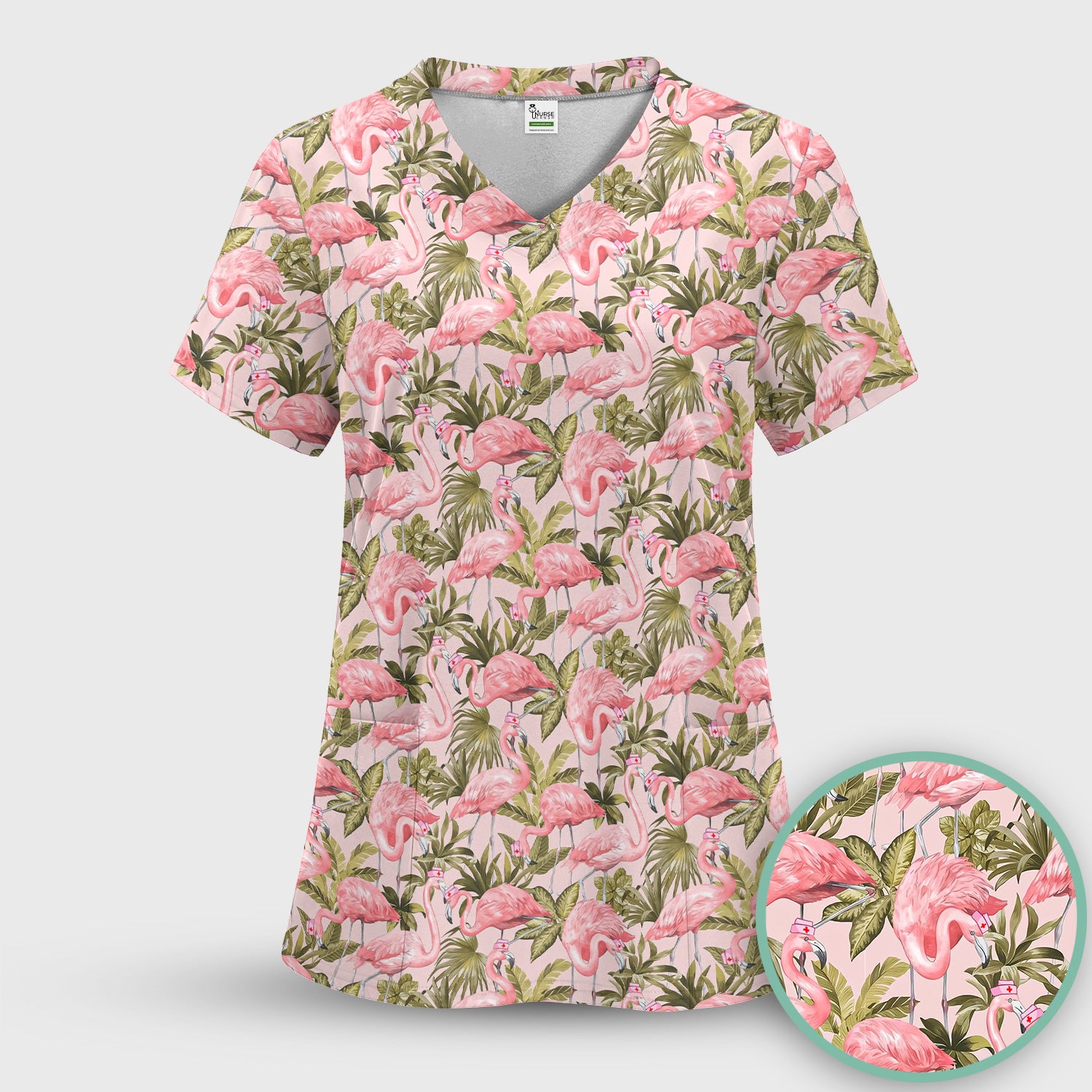 Pink Flamingo Jungle Leaves Pattern Scrub Set, Scrub Pants and V Neck Top