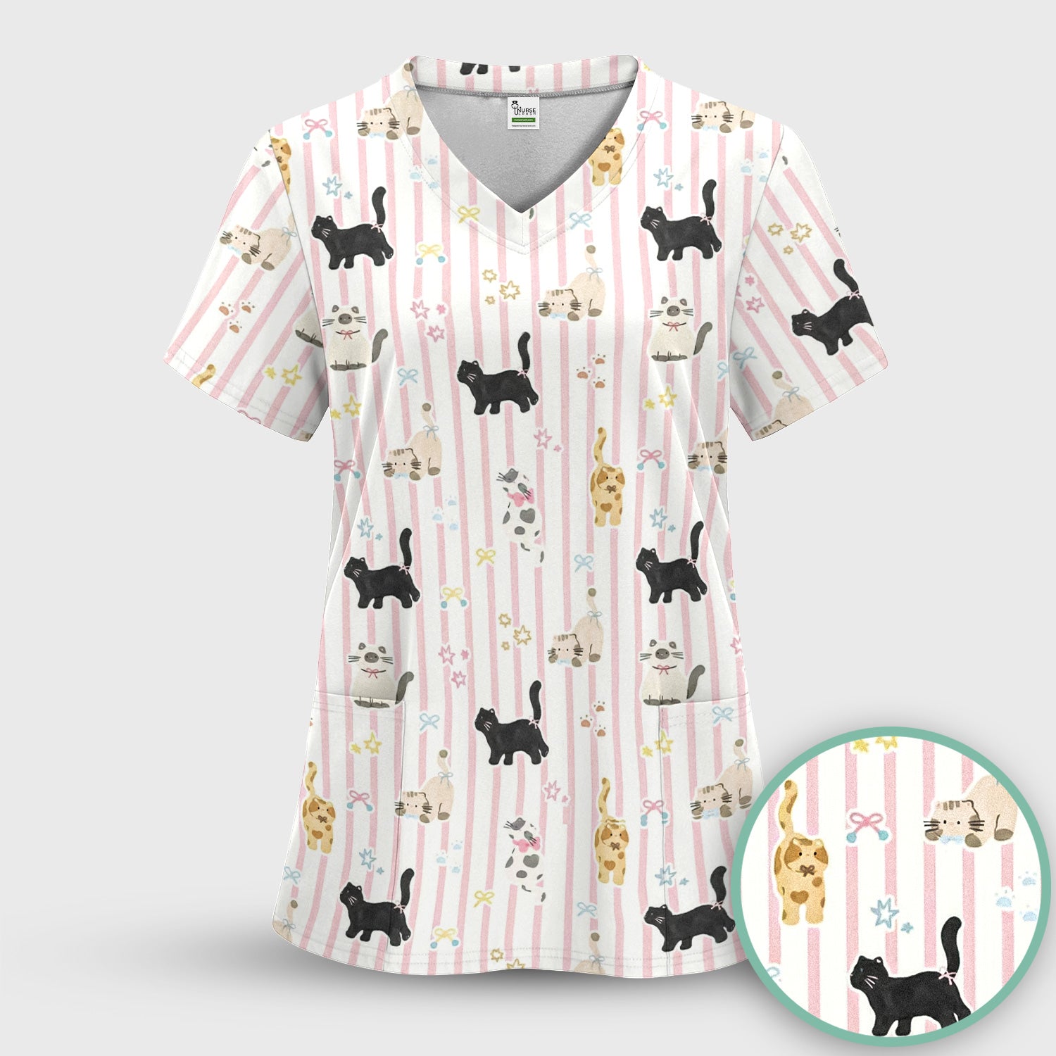 Cute Playful Cat Stripe Ribbon Pattern Scrub Set, Scrub Pants and V Neck Top
