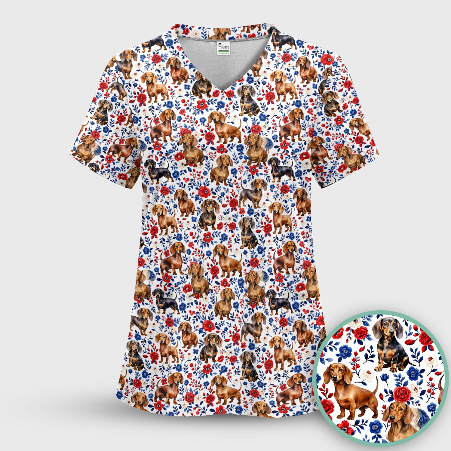 Floral Dachshund Nurse Pattern Scrub Set, Scrub Pants and V Neck Top