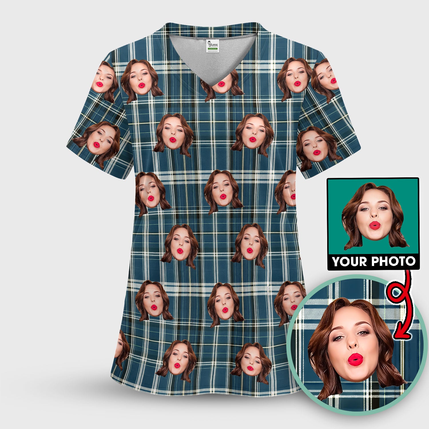 Personalized Funny Face Plaid Scrub Top, Custom Photo Pattern Medical Shirt, Breathable Fabrics Nursing Uniform