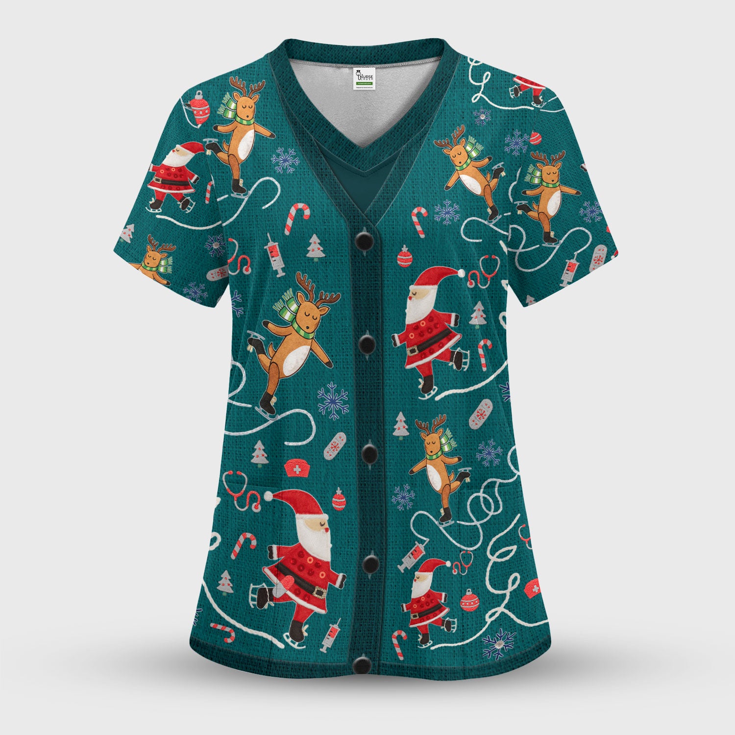 Christmas Reindeer Santa Nurse Scrub Top, Cute Holiday Medical Uniform Shirt for Women