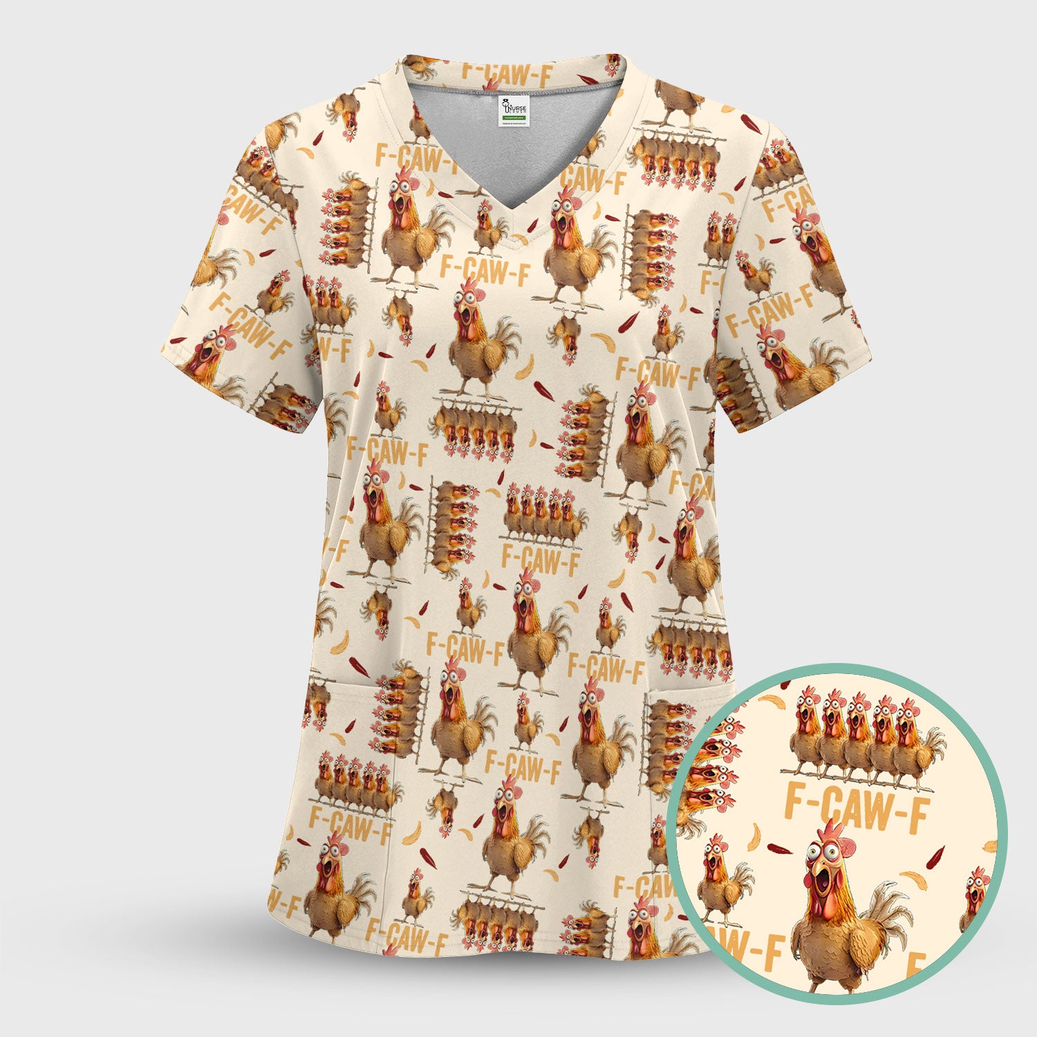 Funny Chicken Nurse Scrub Top for Women - Crazy Rooster F-CAW-F Medical Shirt - Quirky Farm Animal Nursing Uniform Gift RN LPN CNA