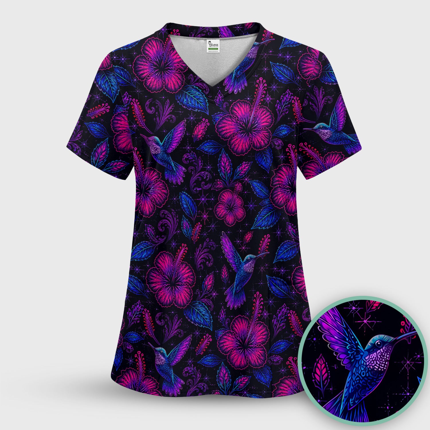 Tropical Hummingbird Hibiscus Floral Pattern Scrub Top, Comfortable Scrubs for Nurses