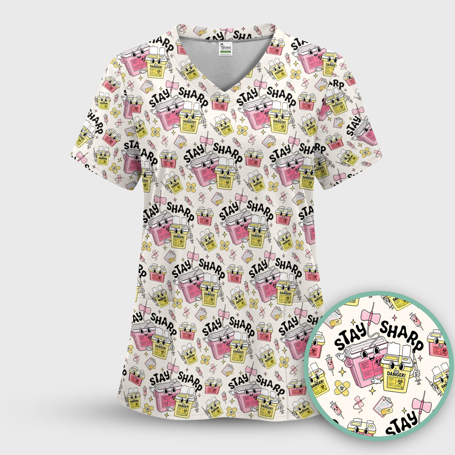 Stay Sharp Nurse Scrub Top, Cute Medical Pattern Scrubs, Breathable Fabrics Nursing Uniform