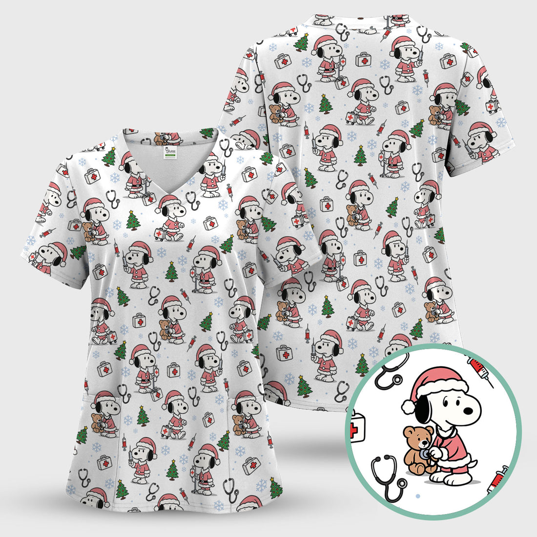 Snoopy Christmas Nurse Scrub Top for Women - Cute Cartoon Holiday Medical Uniform with Pockets - Nursing Gift for RN CNA LPN