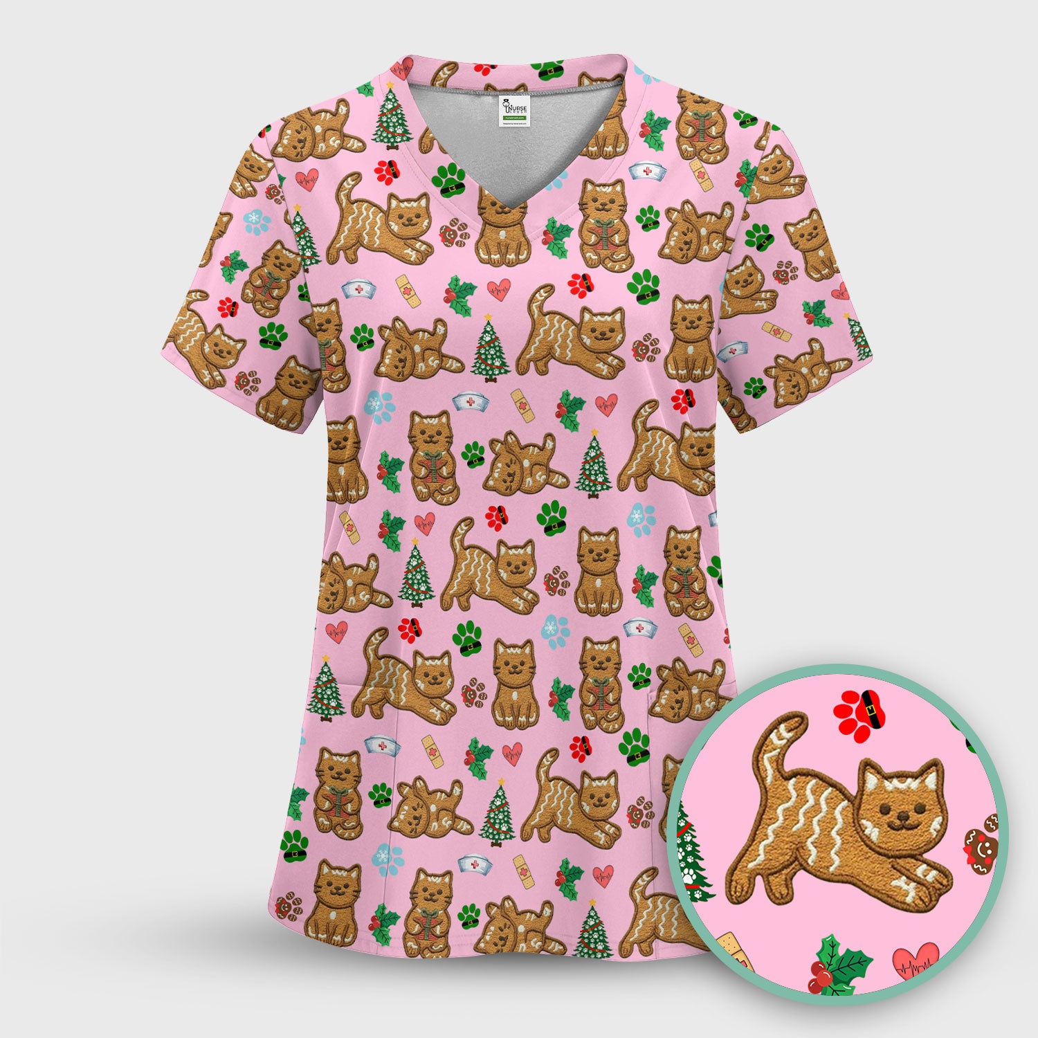 Gingerbread Cat Christmas Scrub Top, Cute Holiday Kitty Medical Uniform Shirt For Nursing, Festive Nurse Pattern
