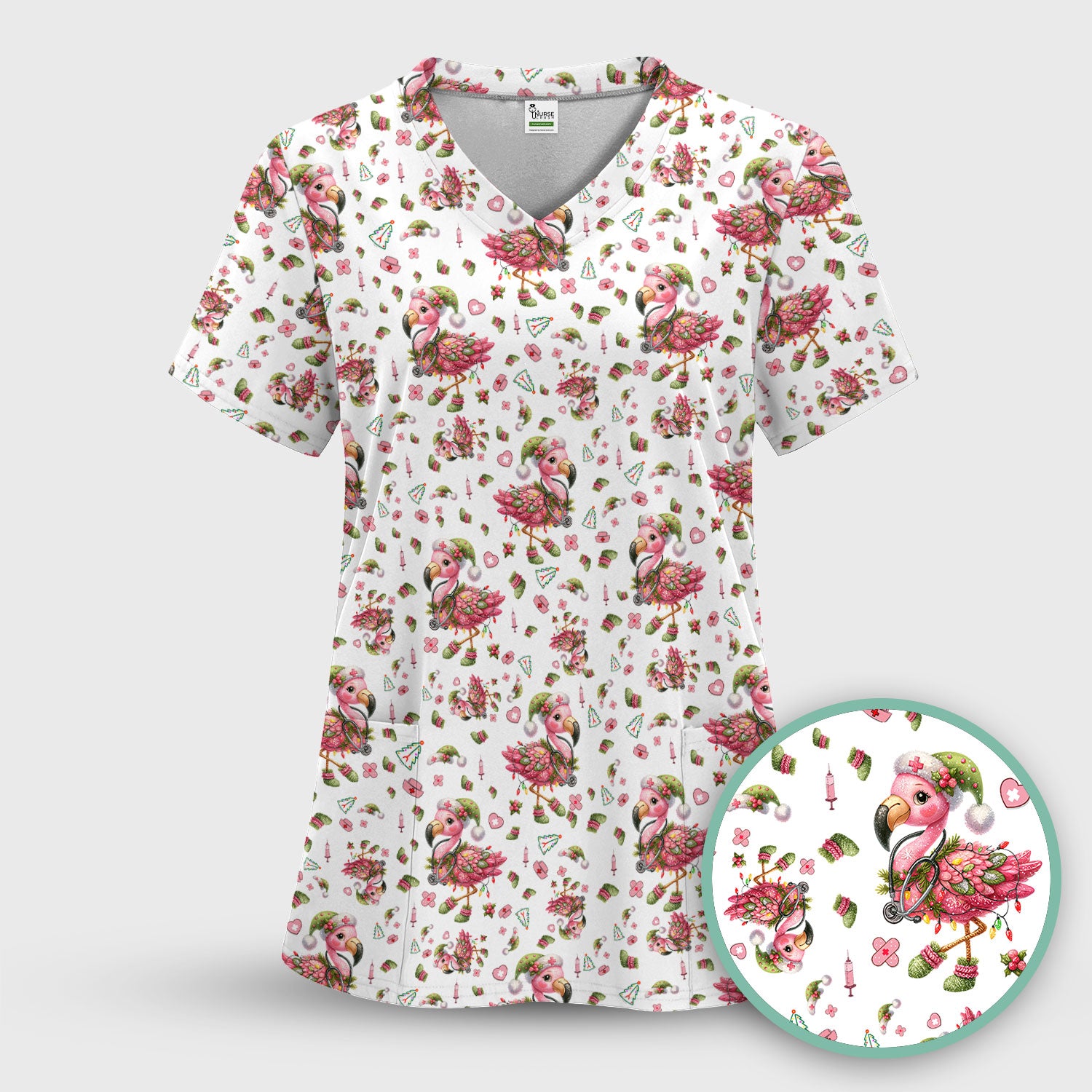 Flamingo Scrub Top for Nurse - Funny Christmas Medical Shirt - Holiday Christmas Gift for Healthcare Workers