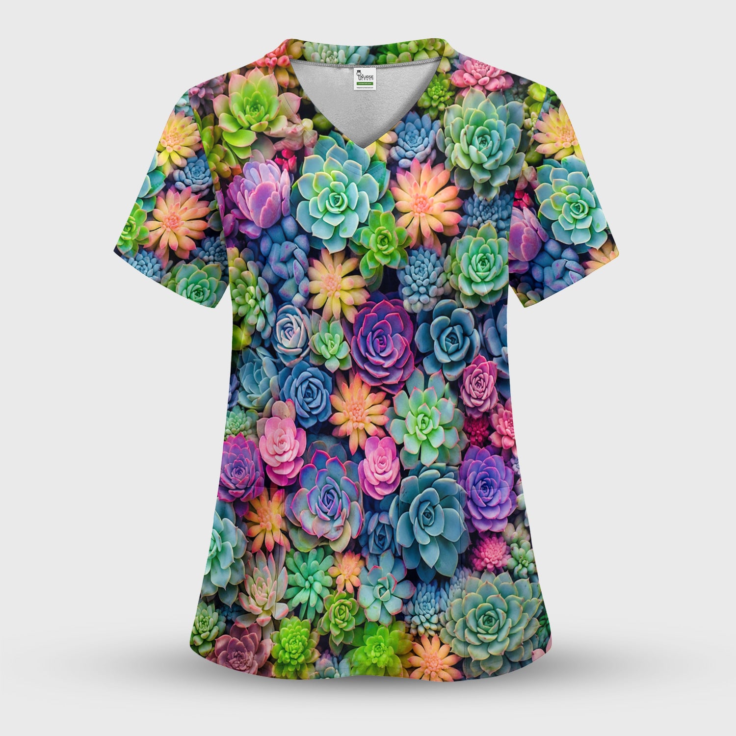 Cute Nurse Scrub Top Boho Succulent Flower Pattern Scrub Top, Comfortable Scrubs for Nurses