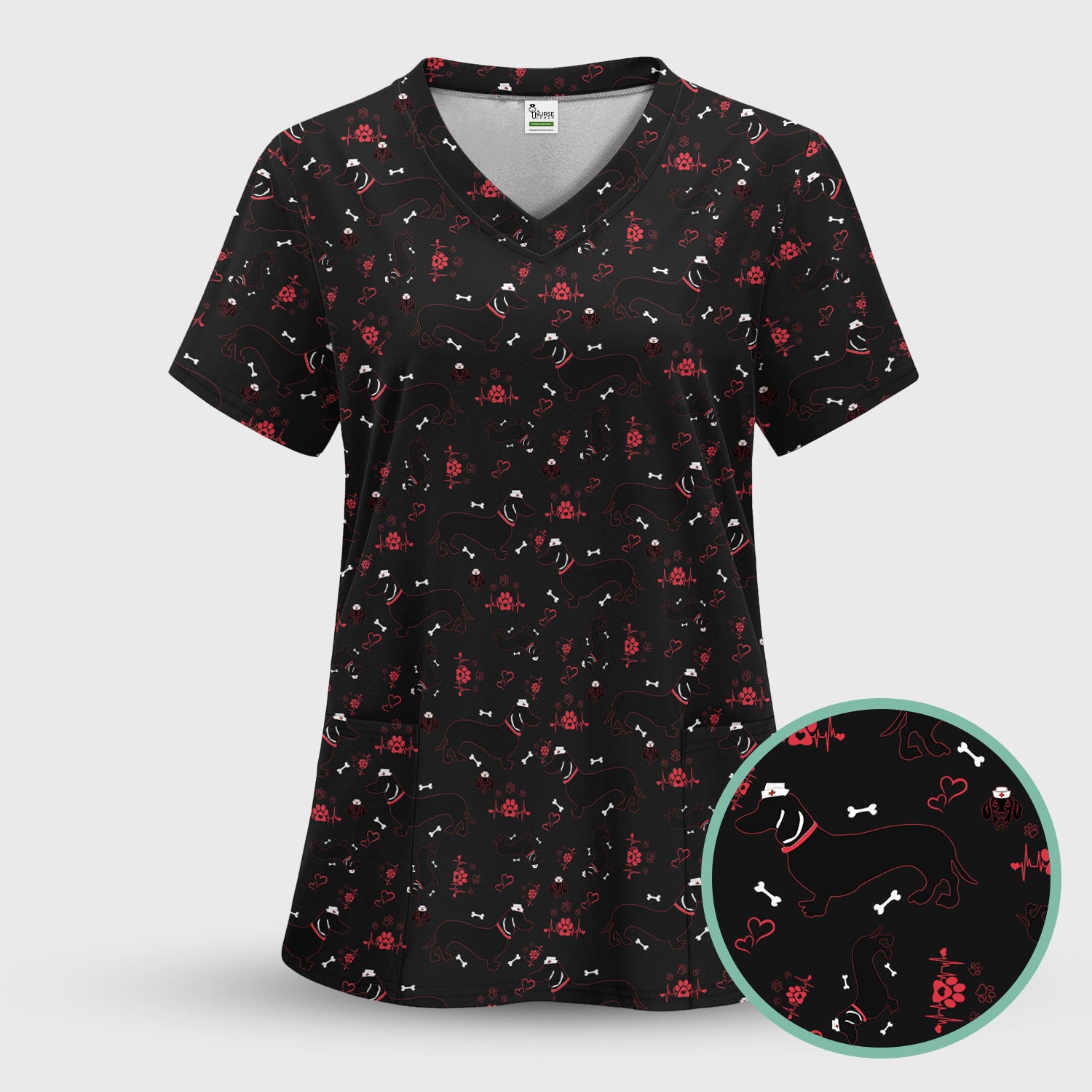 Funny Dachshund Print Scrub Shirt - Dog Lover Scrub Top Multi Color - Unique Nurse Gift for Women, Men, CNA, RN, Vet, Doctor