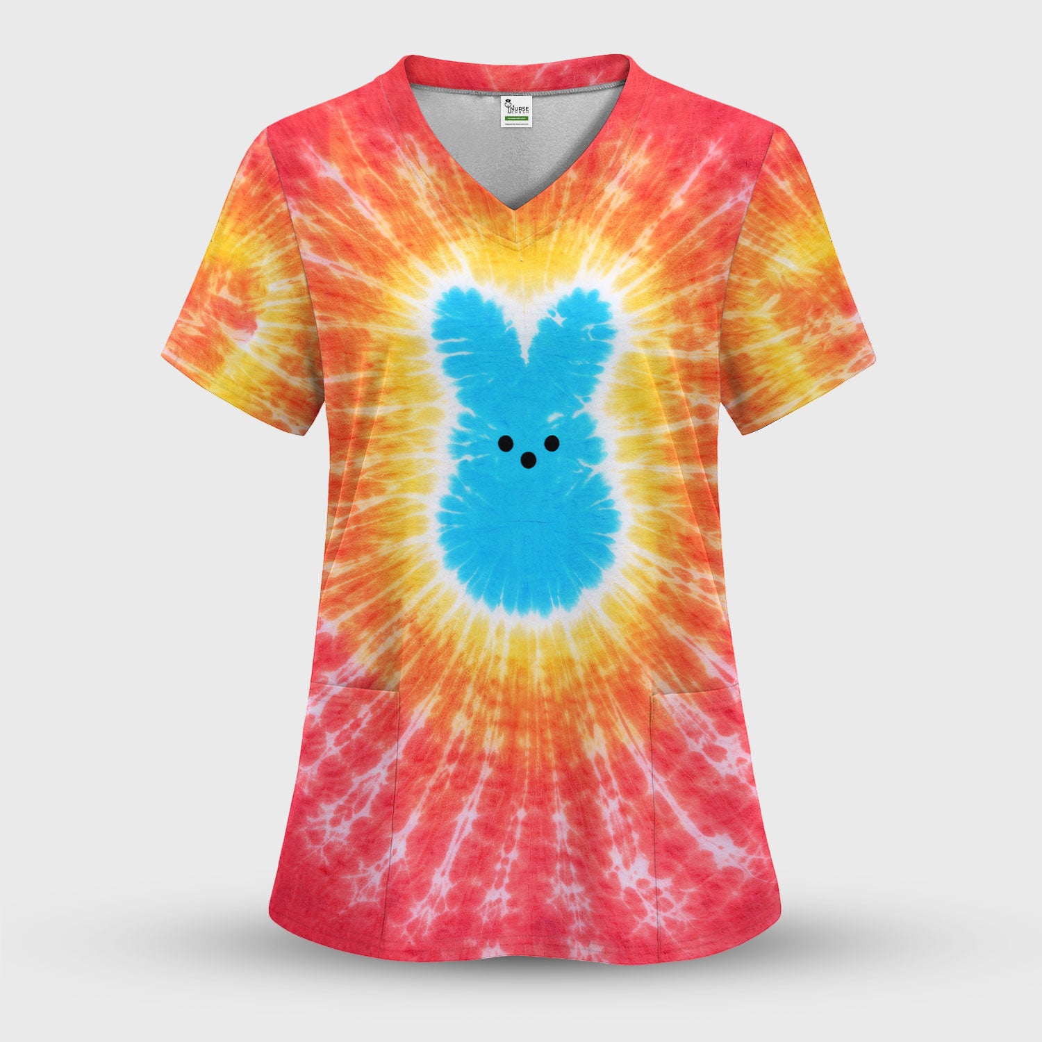 Easter Peep Tie Dye Scrub Top, Easter Bunny Nurse Shirt For Women, Breathable Fabrics Nursing Uniform