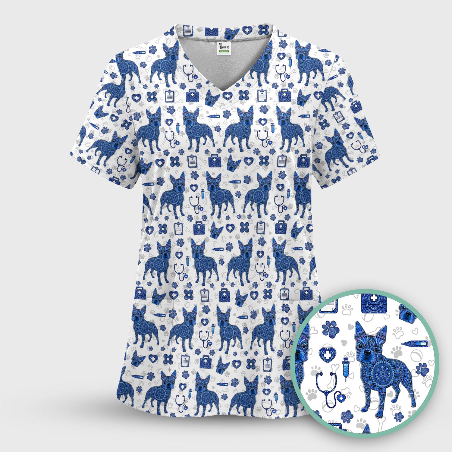 Blue Heeler Australian Cattle Dog Scrub Top, Australia Dot Art Pattern Shirt, Breathable Fabrics Nursing Uniform