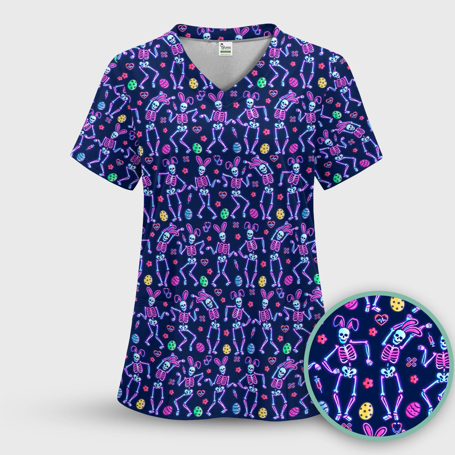 Neon Easter Skeleton Pattern Scrub Top, Comfortable Scrubs for Nurses