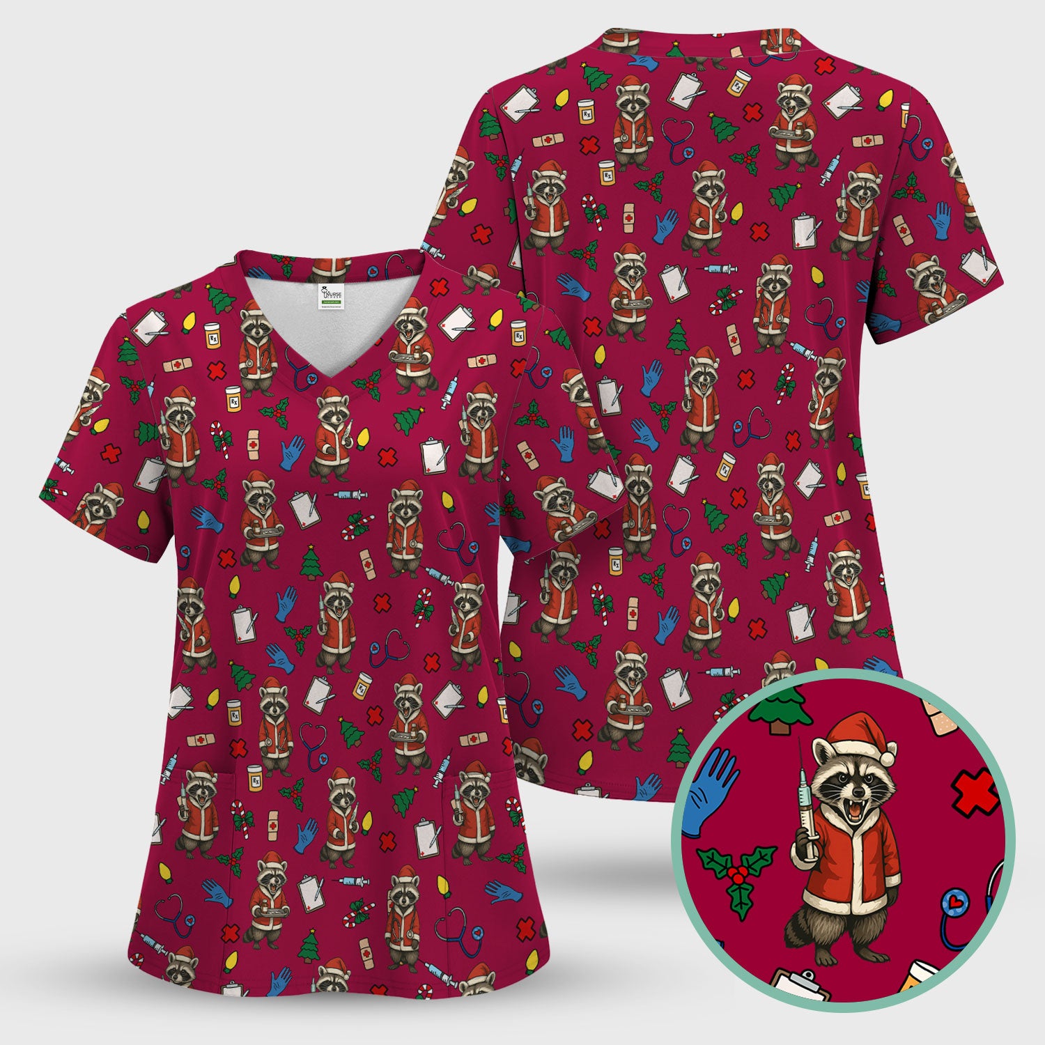 Christmas Raccoon Pattern Nurse Scrub Set - Funny Santa Medical Print Top and Pants - Holiday Gift for RN LPN CNA Women