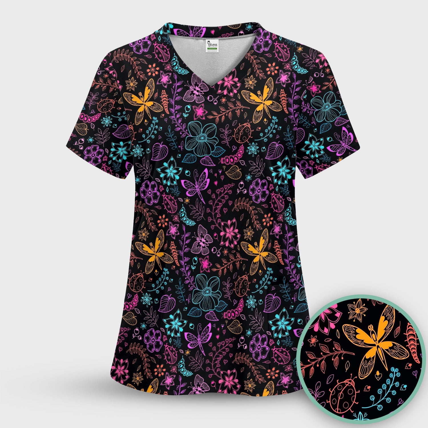 Neon Butterfly and Floral Garden Pattern Scrub Top, Comfortable Scrubs for Nurses
