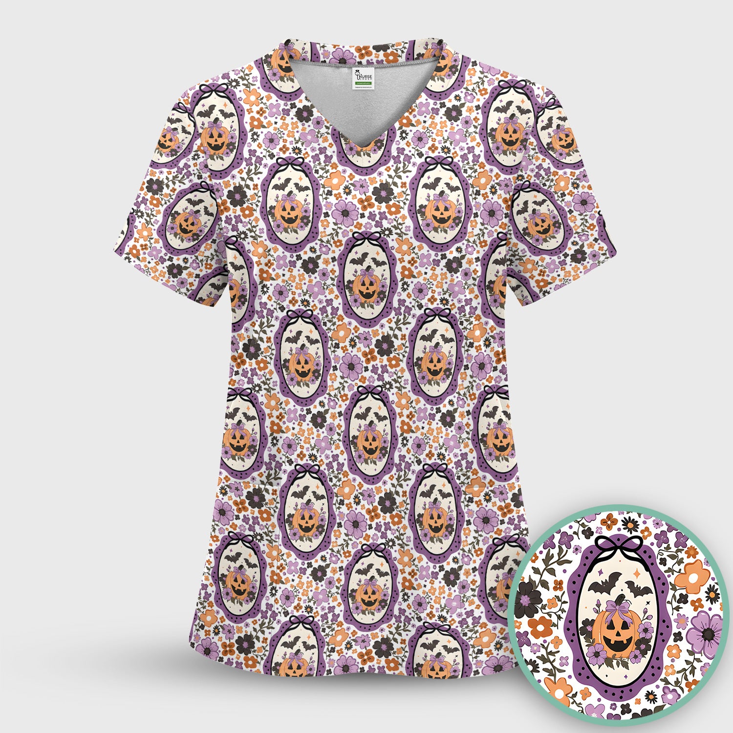 Halloween Pumpkin with Floral Print Scrub Set, Scrub Pants and V Neck Top