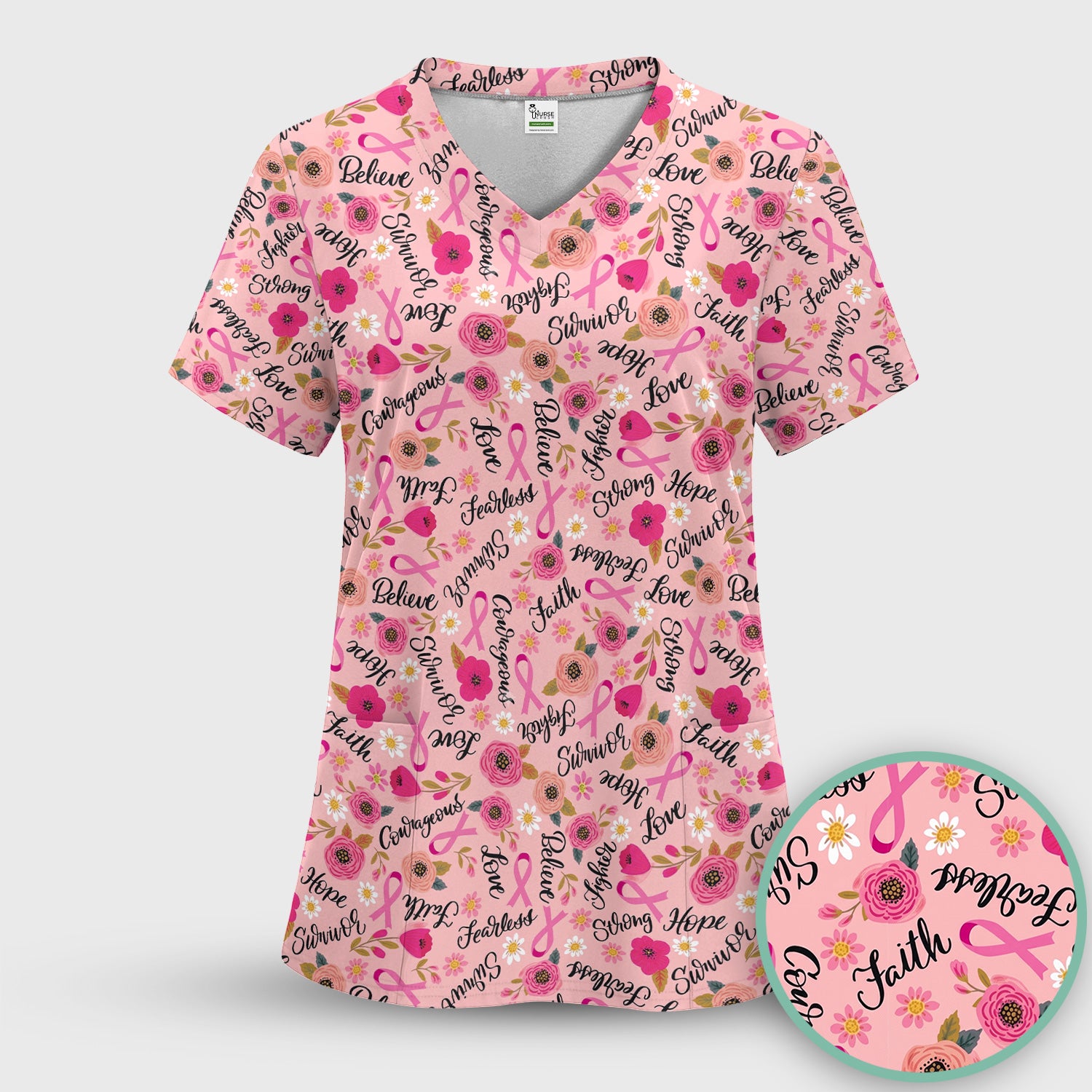 Breast Cancer Awareness Oncology with Pink Ribbon Floral Pattern Scrub Top, Comfortable Scrubs for Nurses