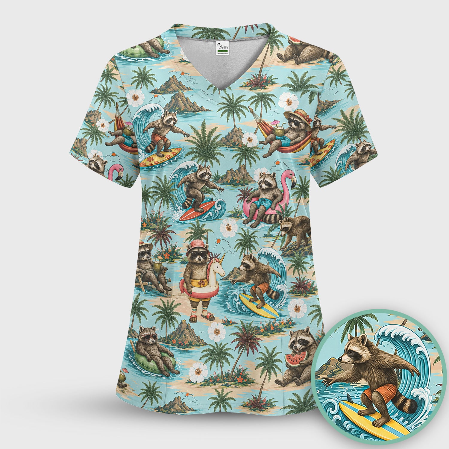 Tropical Raccoon with Surfing Island Beach Print Scrub Top, Comfortable Scrubs for Nurses