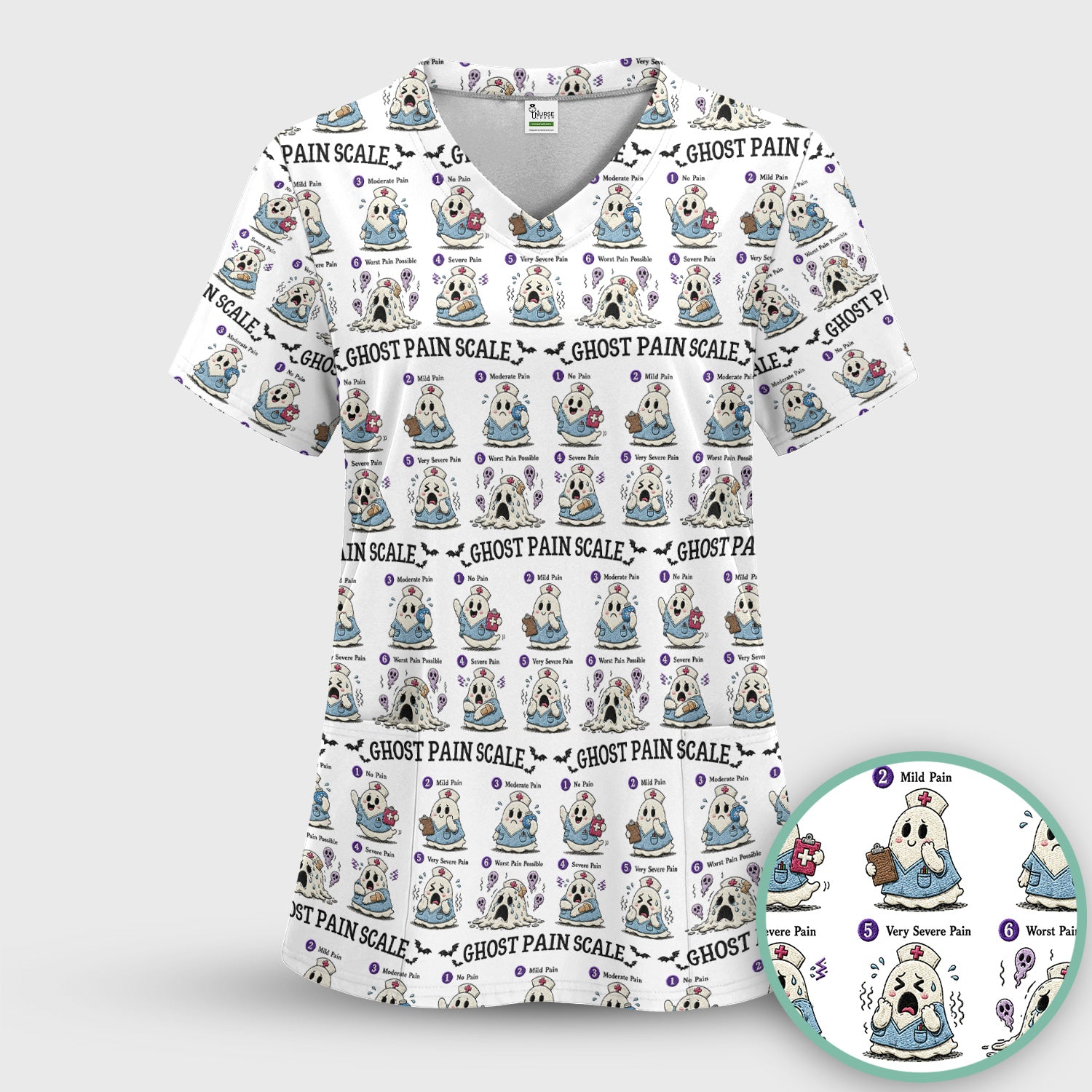 Funny Ghost Pain Scale Pattern Scrub Set, Scrub Pants and V Neck Top