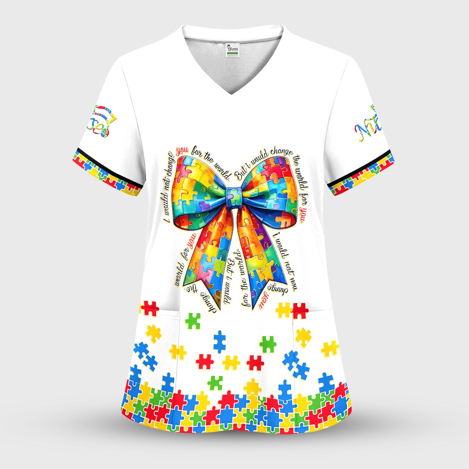 Autism Puzzle Bow Colorful Pieces Print Scrub Set, Breathable Med Uniform