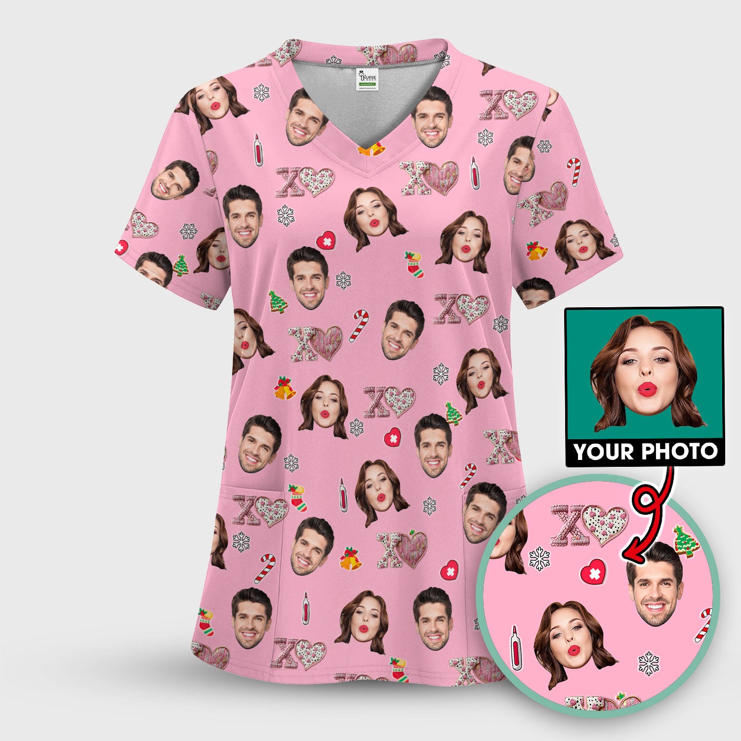 Custom Face Pattern XOXO Scrub Shirt, Personalized Photo Scrub Top, Breathable Fabrics Nursing Uniform