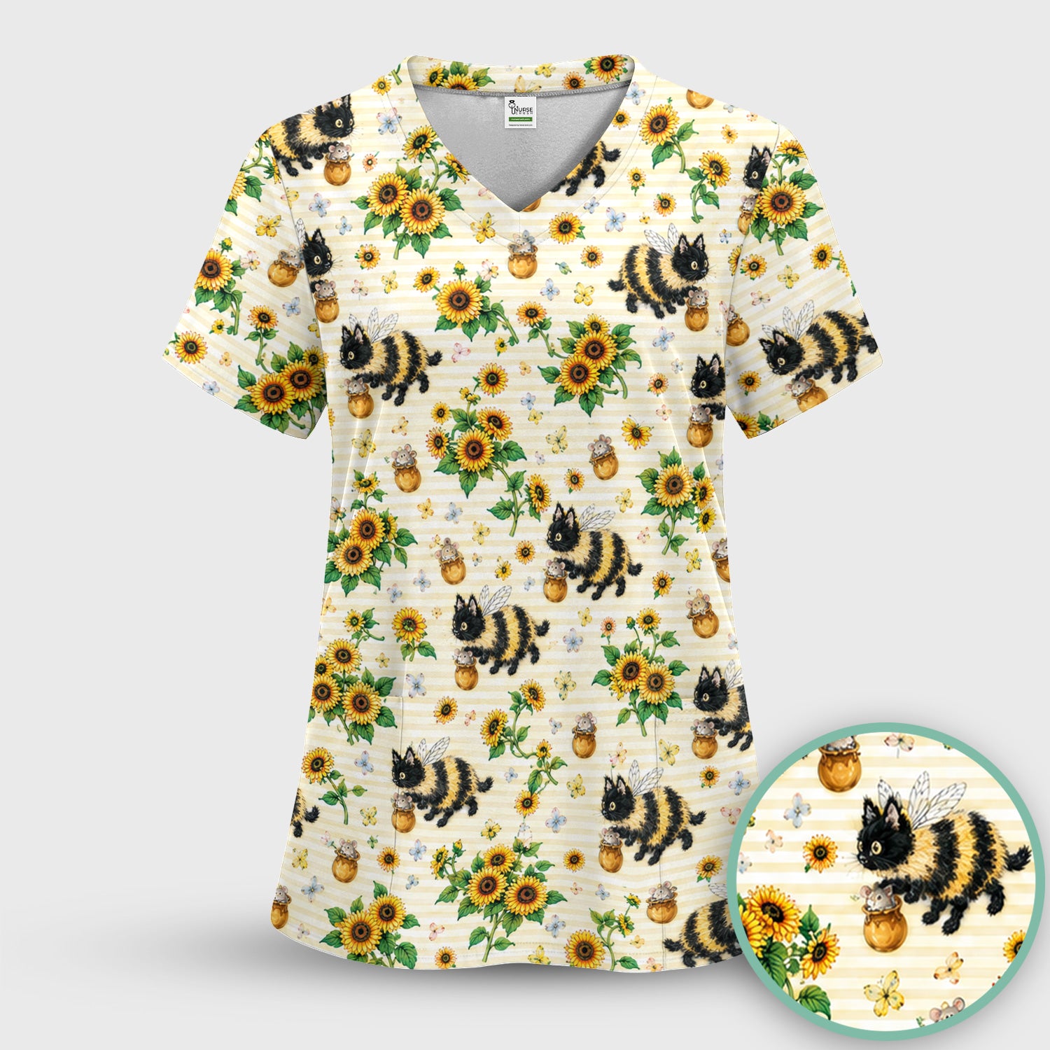 Cute Bumblebee Cat Sunflower Pattern Scrub Set, Scrub Pants and V Neck Top