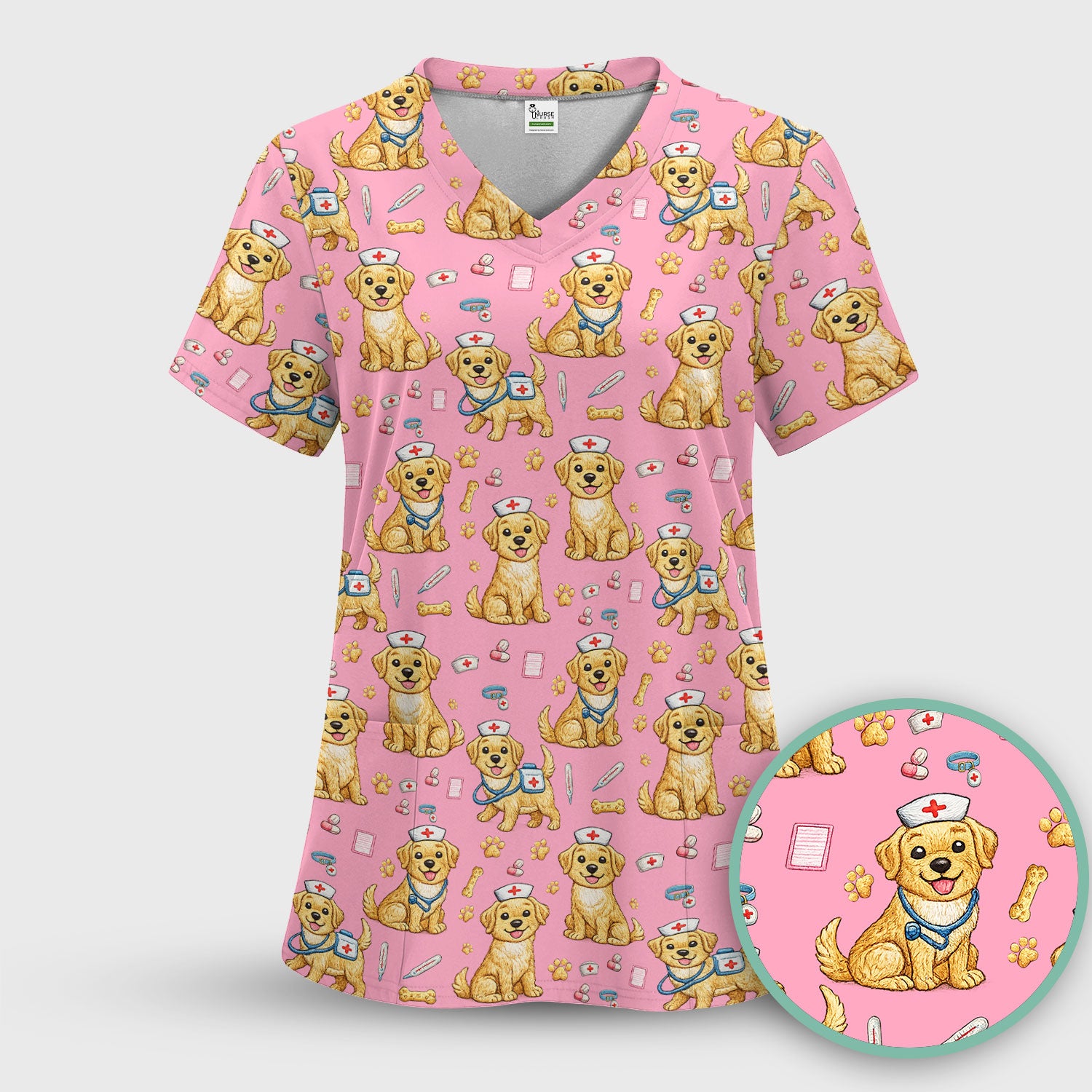Cute Puppy Nurse Medical Print Scrub Top, Comfortable Scrubs for Nurses
