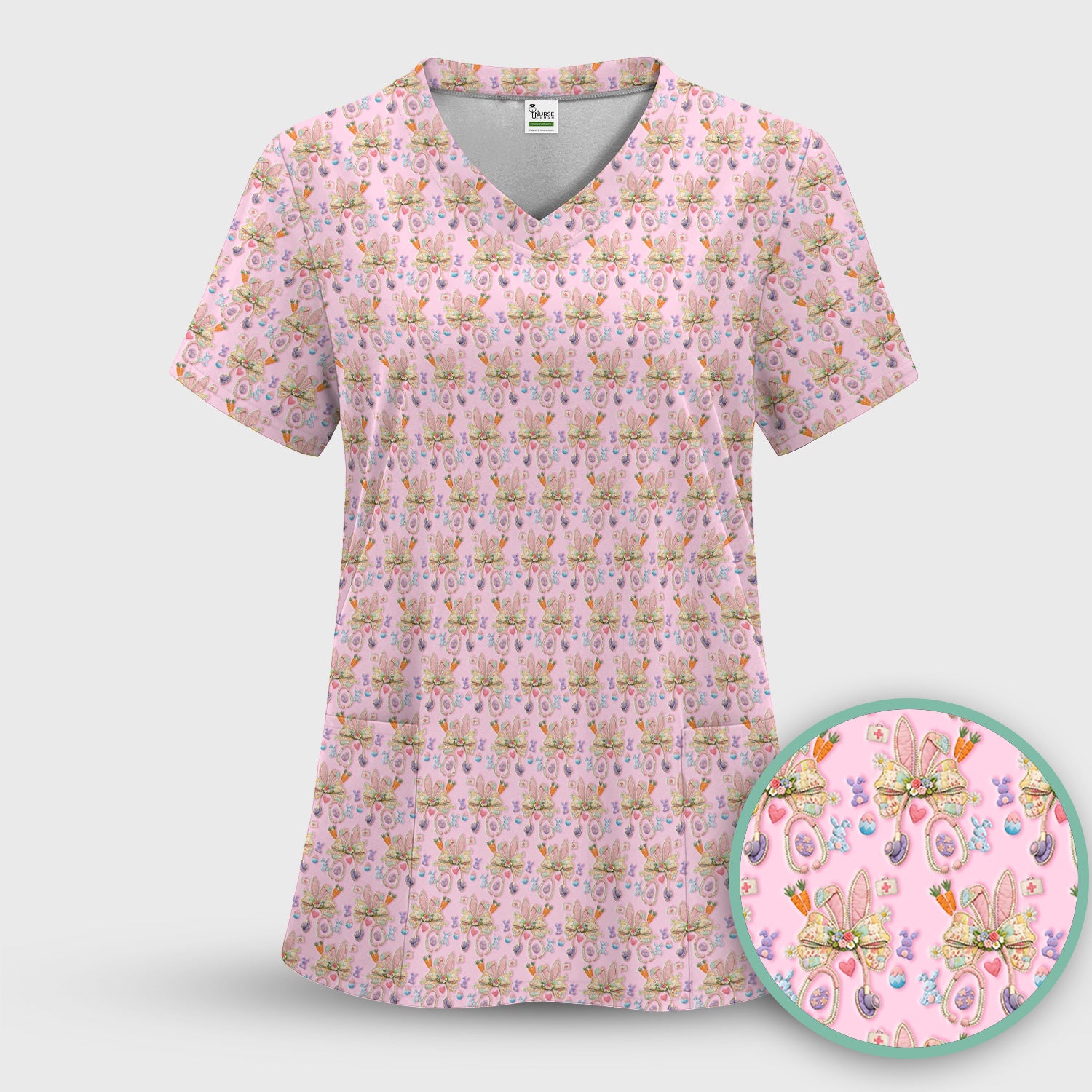 Easter Bunny Stethoscope Pastel Print Scrub Top, Comfortable Scrubs for Nurses