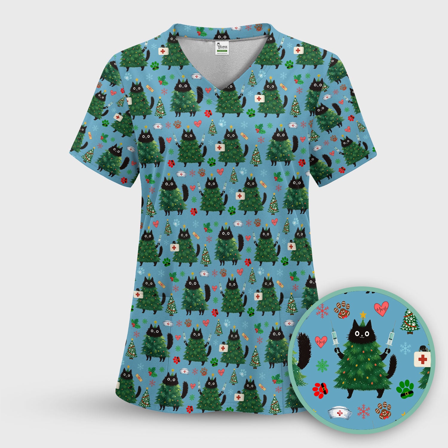 Christmas Nurse Scrub Top, Xmas Black Cat Pattern Nurse Shirt,  Breathable Fabrics Nursing Uniform