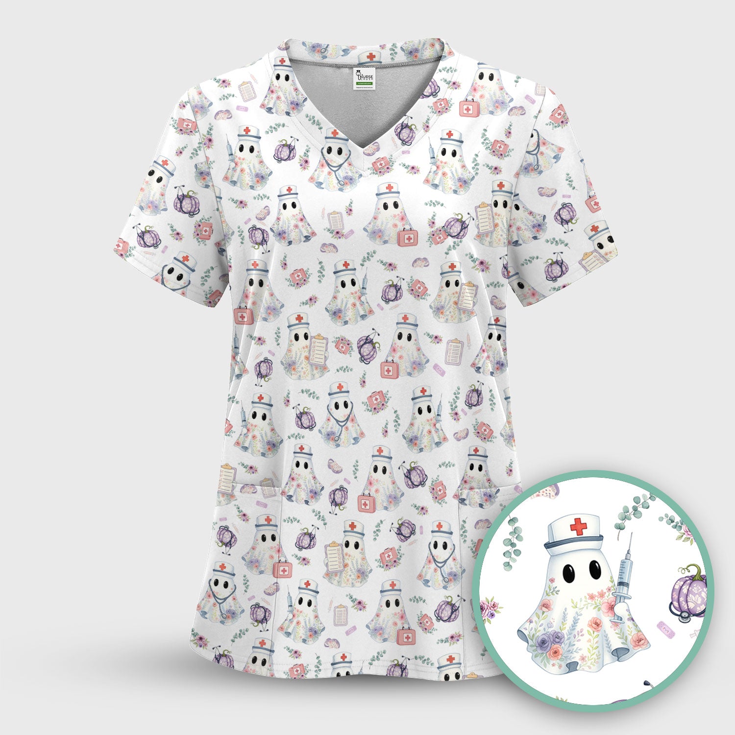 Ghost Nurse Medical Uniform - Cute Boo Halloween Pumpkin Scrub Top for Women - Gift for CRNA ICU Nurses