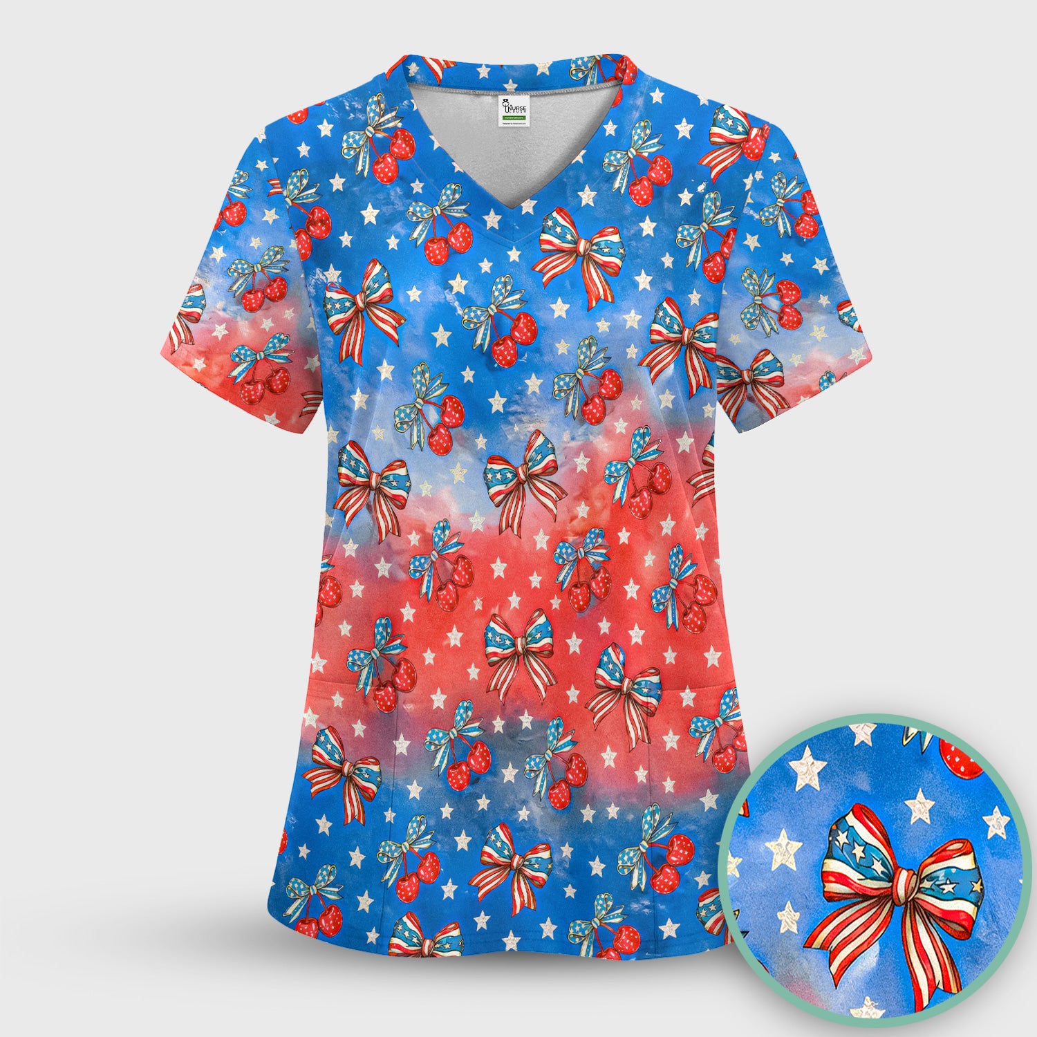 Festive Patriotic Star Bow Cherry Pattern Scrub Set, Scrub Pants and V Neck Top