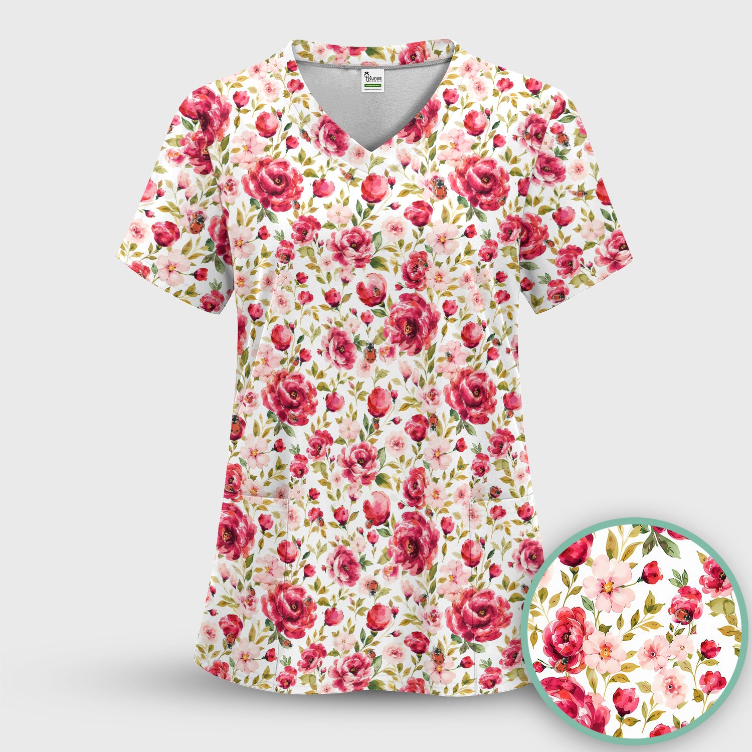Pink Rose Ladybug Garden Pattern Scrub Top, Comfortable Scrubs for Nurses